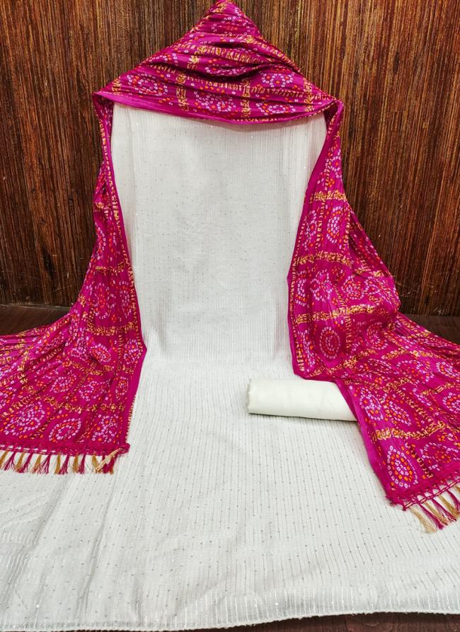 Chanderi White Pink Traditional Wear Croset Work Dress Material